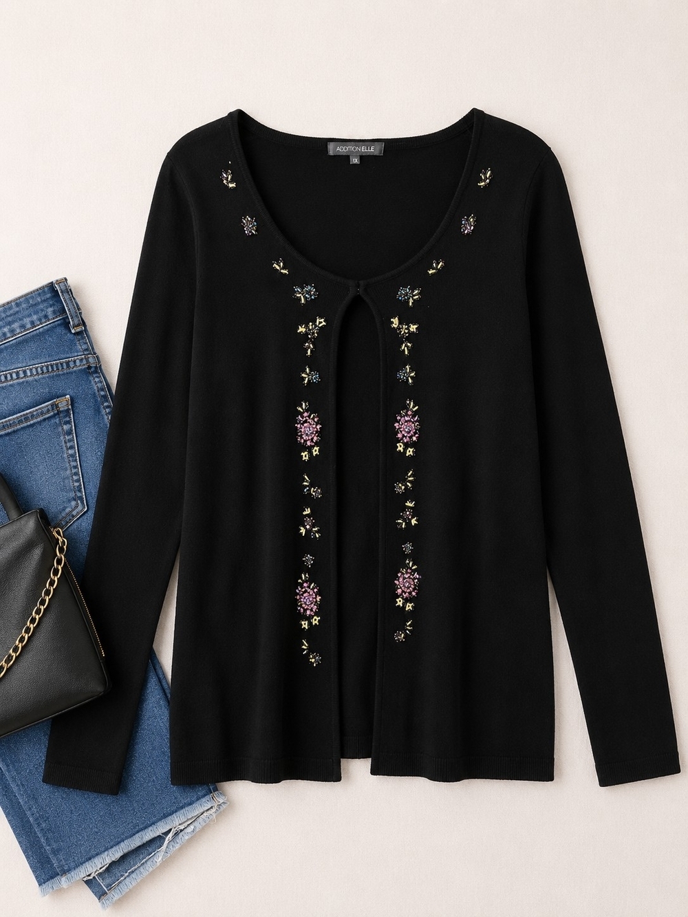 Addition Elle 1X Beaded Black Cardigan Embellished Open Front Sweater